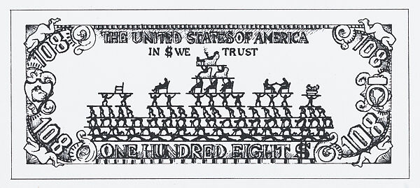 $108 Bill, from the "New York Collection for Stockholm" Portfolio, Oyvind Fahlström (Swedish (born Brazil), San Paolo 1928–1976 Stockholm), Screenprint