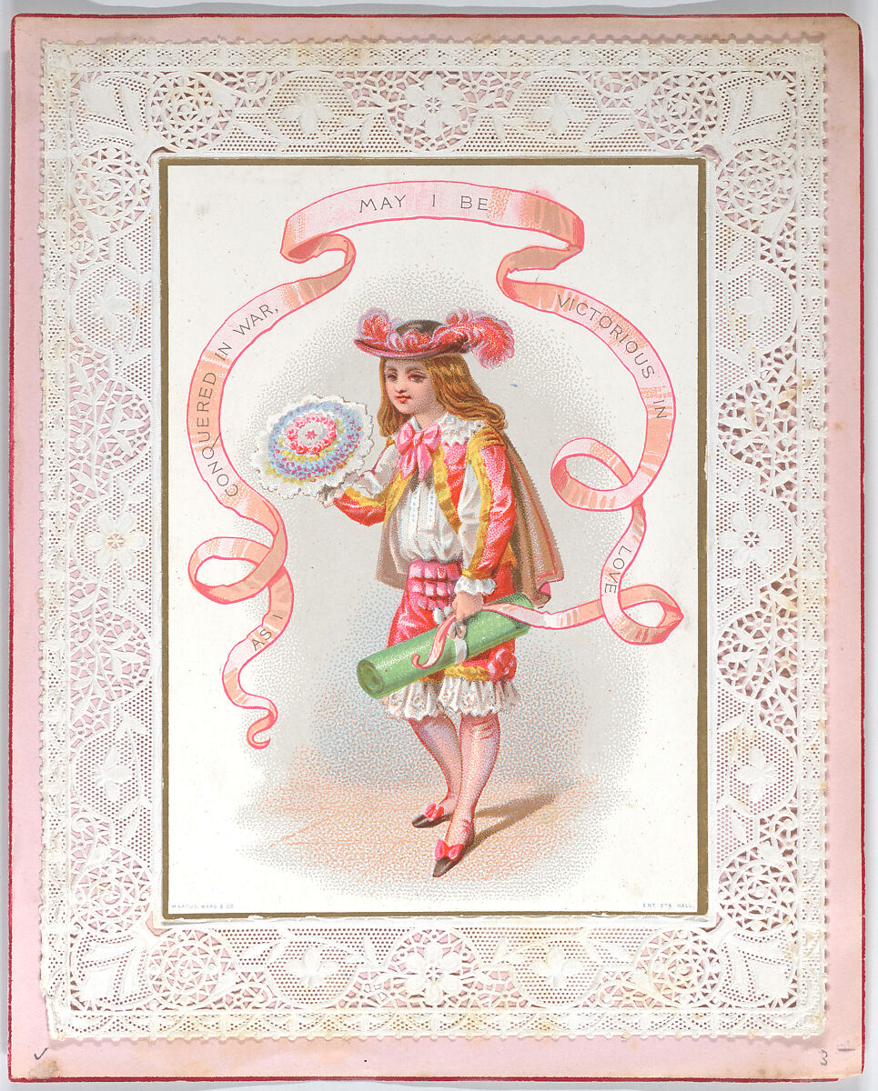 Valentine, Anonymous, White card stock with chromolithography, gold lithography, openwork lace paper, pink paper, dark red watercolor 