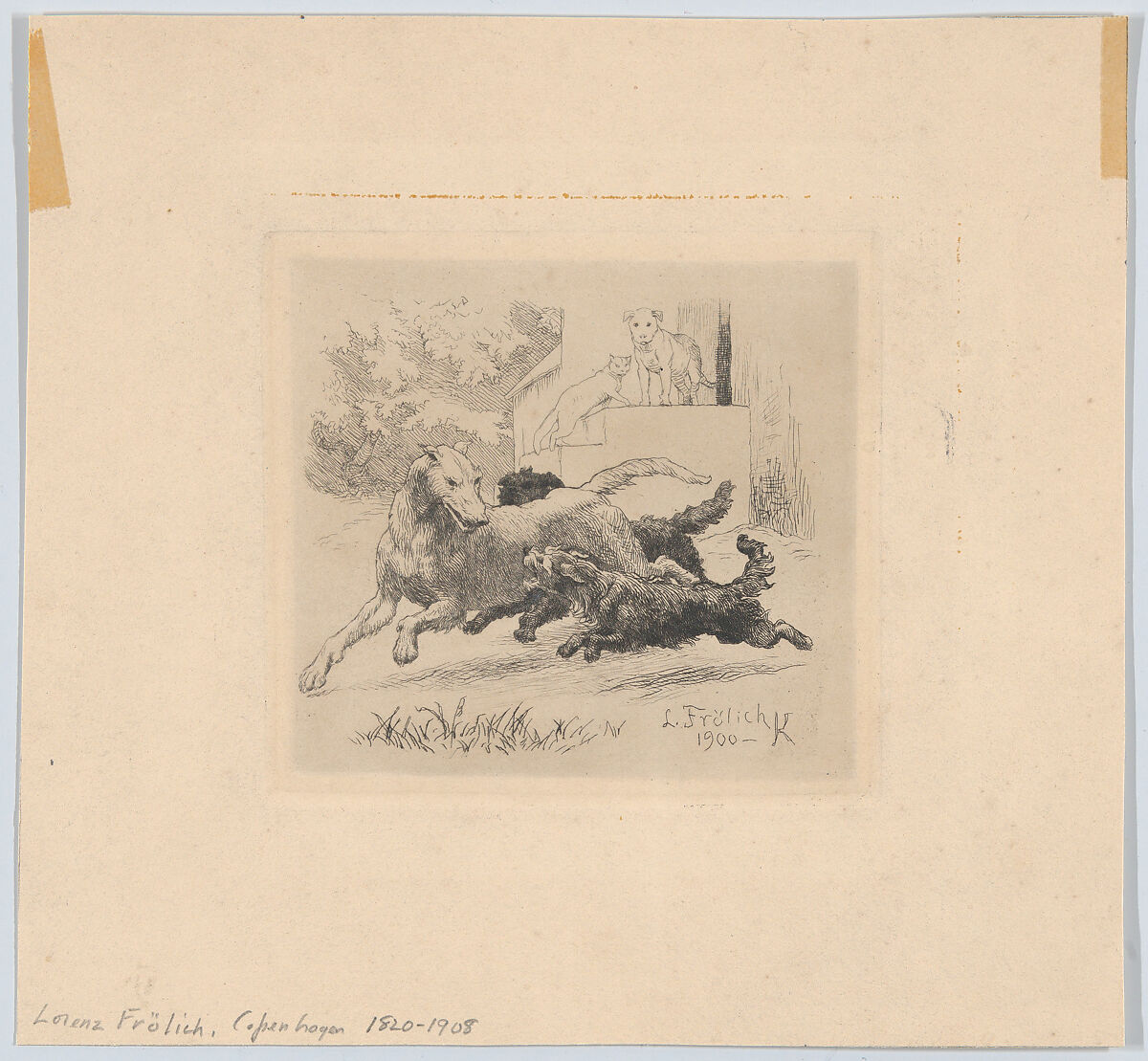 Three dogs playing at center, with a cat and a dog watching in the background, Lorenz Frølich (Danish, Copenhagen 1820–1908 Hellerup), Etching 