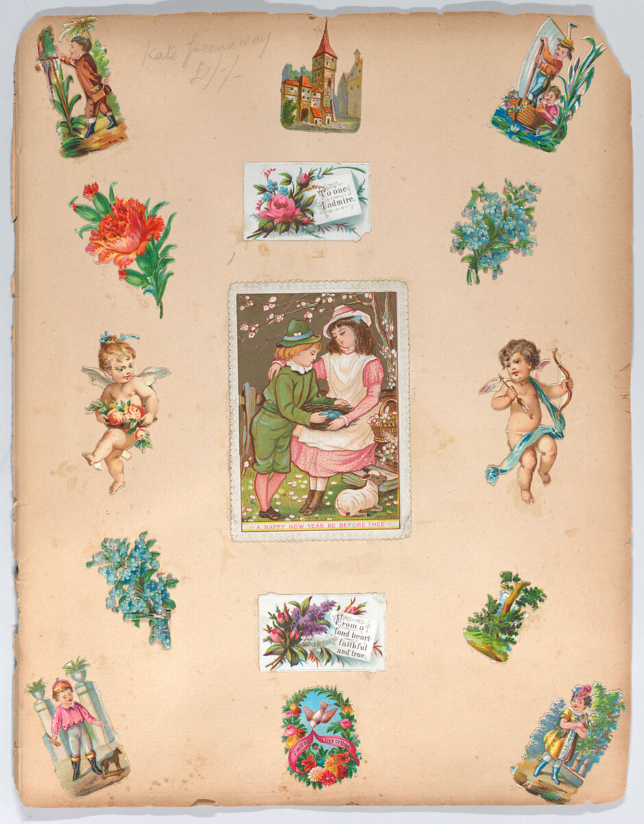 Valentine, Kate Greenaway (British, London 1846–1901 London), White card with scalloped edge, chromolithography, assorted Victorian scraps, album page