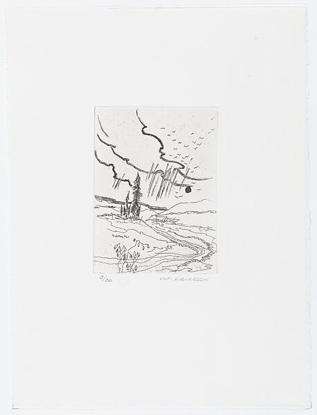 Landscape with one tall tree and five smaller trees, with plants in the foreground, from 'Pictures from my hand' (Bilder från min hand), Ulf Eriksson (Swedish, born Helsingborg, 1942), Etching 