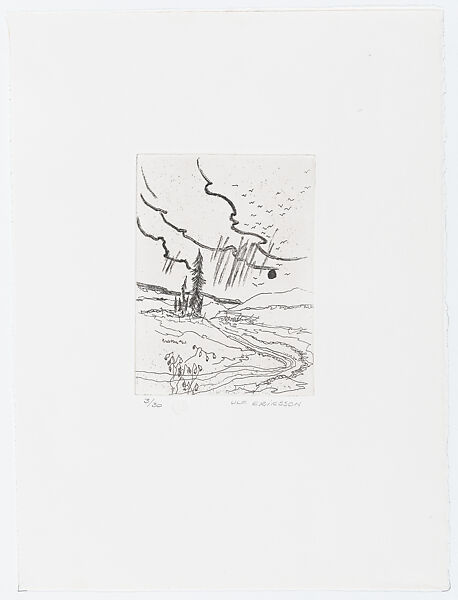 Landscape with one tall tree and five smaller trees, with plants in the foreground, from "Bilder från min hand" (Pictures from my hand), Ulf Eriksson (Swedish, born Helsingborg, 1942), Etching 