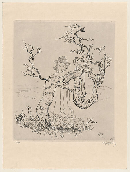 Birch in the Highlands (Birch im Hochland), with a woman in a cloak and hat standing behind a tree
