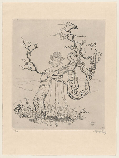 Birch in the Highlands (Birch im Hochland), with a woman in a cloak and hat standing behind a tree, Olaf Abrahamsen Willums  Norwegian, Etching