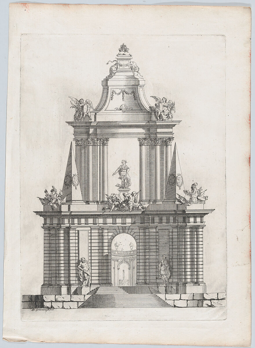Triumphal arch with three crowns at top, a fountain in the distance, Carl Hårleman (Swedish, Stockholm 1700–1753 Stockholm), Etching 