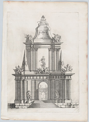 Triumphal arch with three crowns at top, a fountain in the distance
