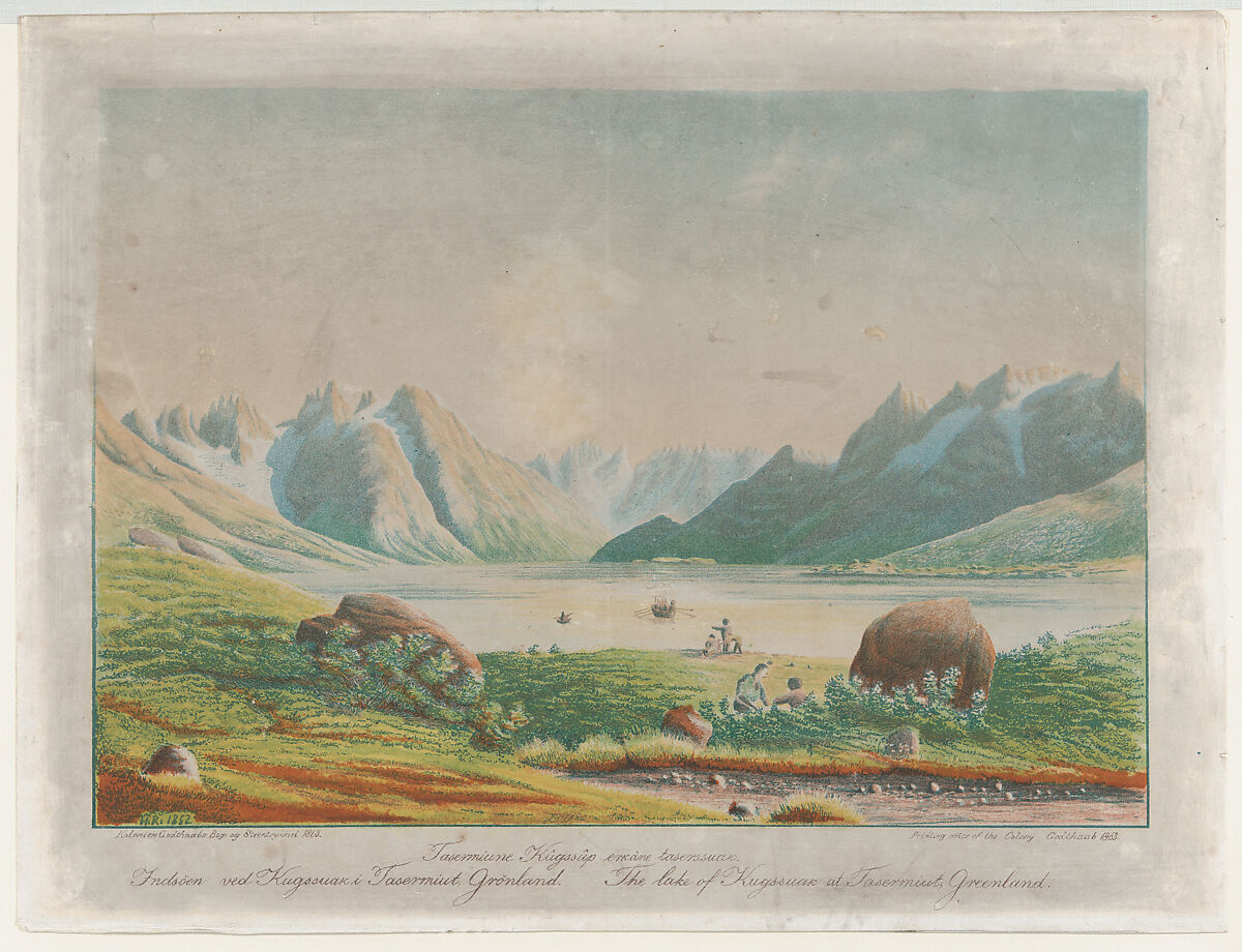 The lake of Kuggsuak at Tasermiut, Greenland, Lars Møller (Greenlandic-Inuit, 1842–1926), Color lithograph 