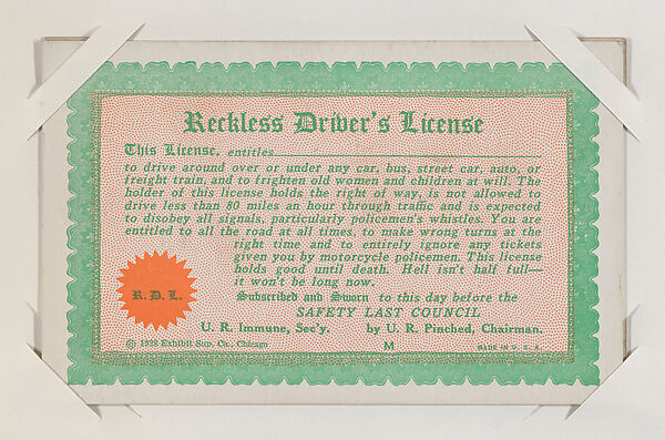 Reckless Driver's License from Exhibit Comics Cards (W431), Exhibit Supply Company, Commercial color photolithograph 