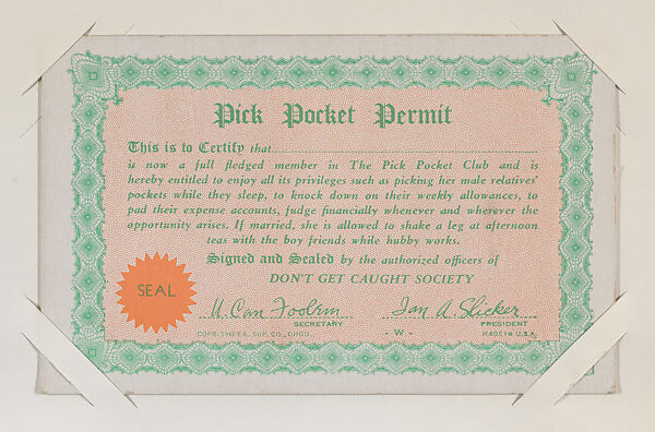 Pick Pocket Permit License from Exhibit Comics Cards (W431), Exhibit Supply Company, Commercial color photolithograph 