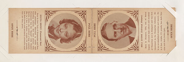 Sylvia Sidney and Bela Lugosi from Star Folders Special Cards (W439), Commercial photolithograph 