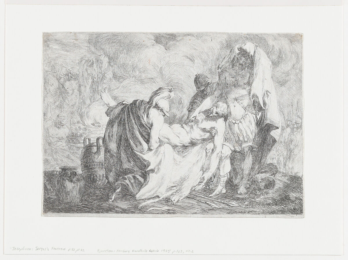 Patroclus being carried to his funeral pyre as Achilles places a lock of hair on the body, Johann Tobias Sergel (Swedish, Stockholm 1740–1814 Stockholm), Etching 