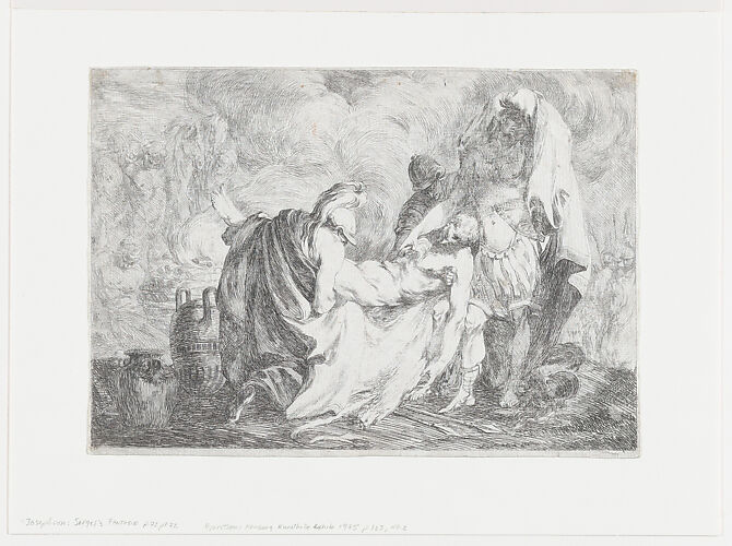 Patroclus being carried to his funeral pyre as Achilles places a lock of hair on the body