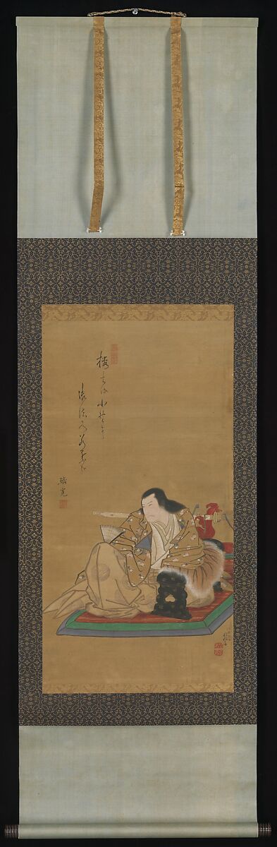 The Actor Arashi Kitsusaburō I (Kichisaburō II) as Prince Koretaka, Shunkōsai Hokushū (Japanese, active 1808–32), Hanging scroll; ink and color on silk, Japan