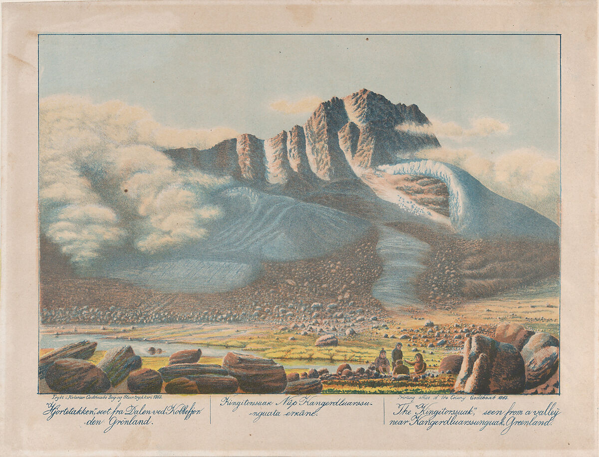 The "Kingitorssuak" seen from a valley near Kangerdluarssunguak, Greenland, Lars Møller (Greenlandic-Inuit, 1842–1926), Color lithograph 