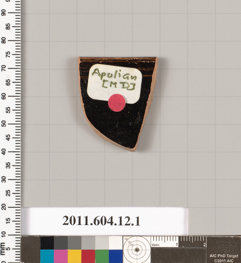 Terracotta rim fragment of a skyphos (deep drinking cup), Attributed as Apulian [Martine Denoyelle], Terracotta, Greek, South Italian, Apulian