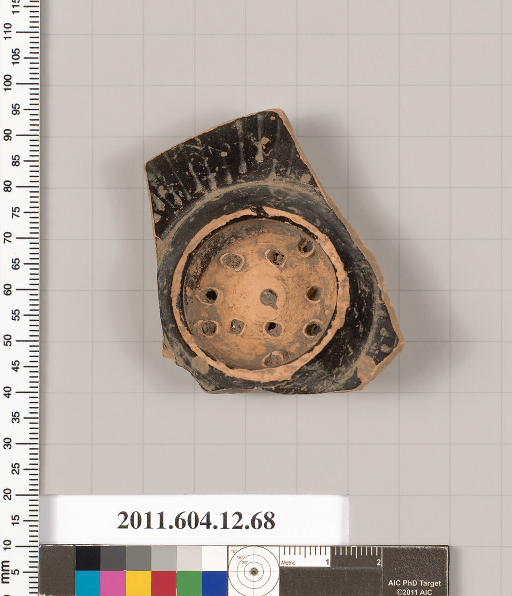 Terracotta fragment of a guttus (flask with handle and spout), Terracotta, Greek, South Italian, Campanian