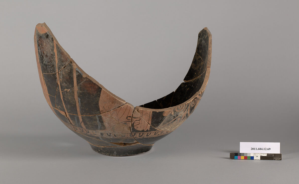 Terracotta fragment of a bell-krater (deep bowl), Terracotta, Greek, South Italian, Apulian 