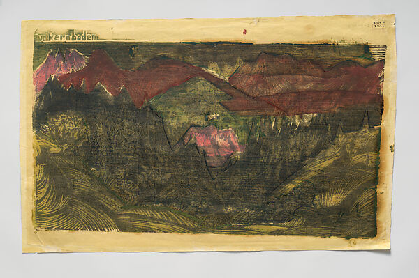 Junkernboden, Ernst Ludwig Kirchner (German, Aschaffenburg 1880–1938 Frauenkirch), Color woodcut, working proofs recto and verso; recto: black ink with traces of yellow and green ink and wax crayon; verso: black, pink, dark red, and two shades of green ink