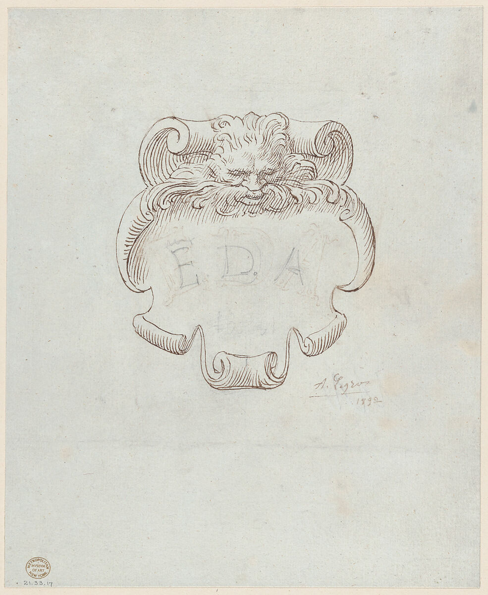 Sketch for a Nameplate for Edward D. Adams, Alphonse Legros (French, Dijon 1837–1911 Watford, Hertfordshire), Pen and brown ink, graphite 