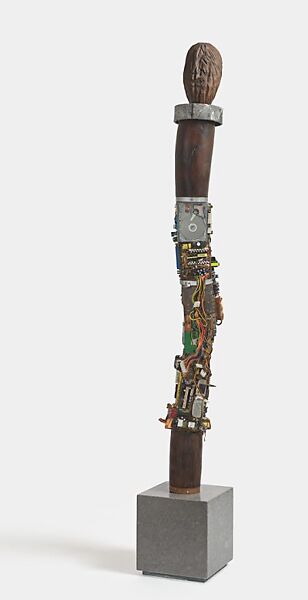 Technological Totem Pole, Jack Whitten (American, Bessemer, Alabama 1939–2018 New York), Black mulberry, metal, Gortynis marble, Braun alarm clock, mixed media, 