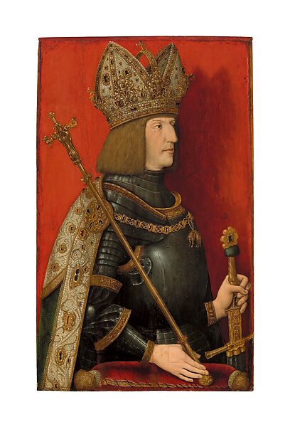 Maximilian I in Imperial Regalia, Bernhard Strigel (German, Memmingen 1460–1528 Memmingen), Oil on wood panel, South German, Memmingen 