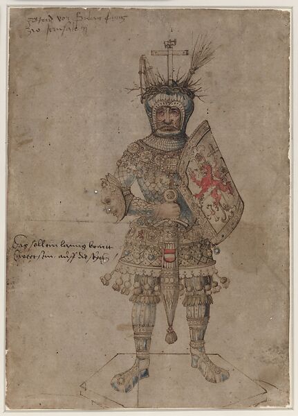 Design for a Statue of Godfrey of Bouillon for the Tomb of Maximilian I, Hans Polhaimer the Elder (German, Munich ca. 1490/1500–1566 Innsbruck?), Pen in ink and watercolor on paper, Austrian, Innsbruck 