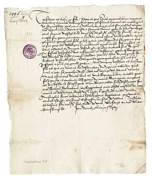 Letter from Maximilian I to Philip I Regarding the Brussels Armorer Pieter Wambaix, Ink on paper, German, Augsburg 