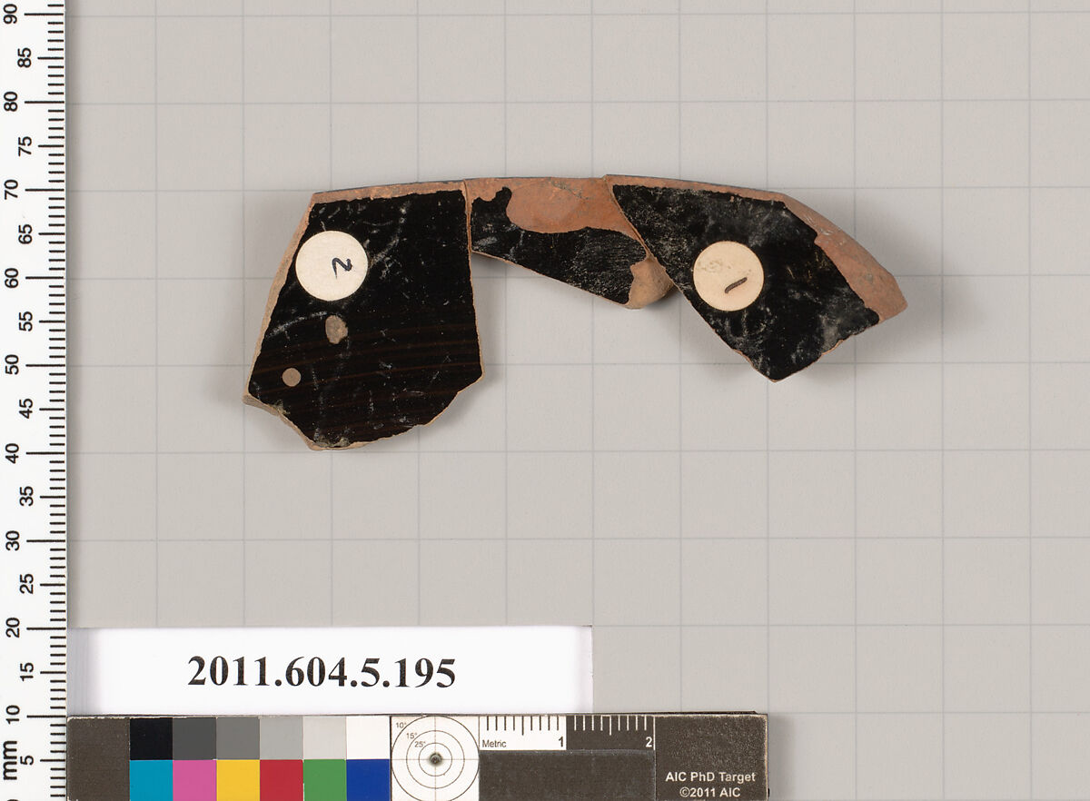 Terracotta rim fragment of a kylix (drinking cup), Terracotta, Greek, Attic