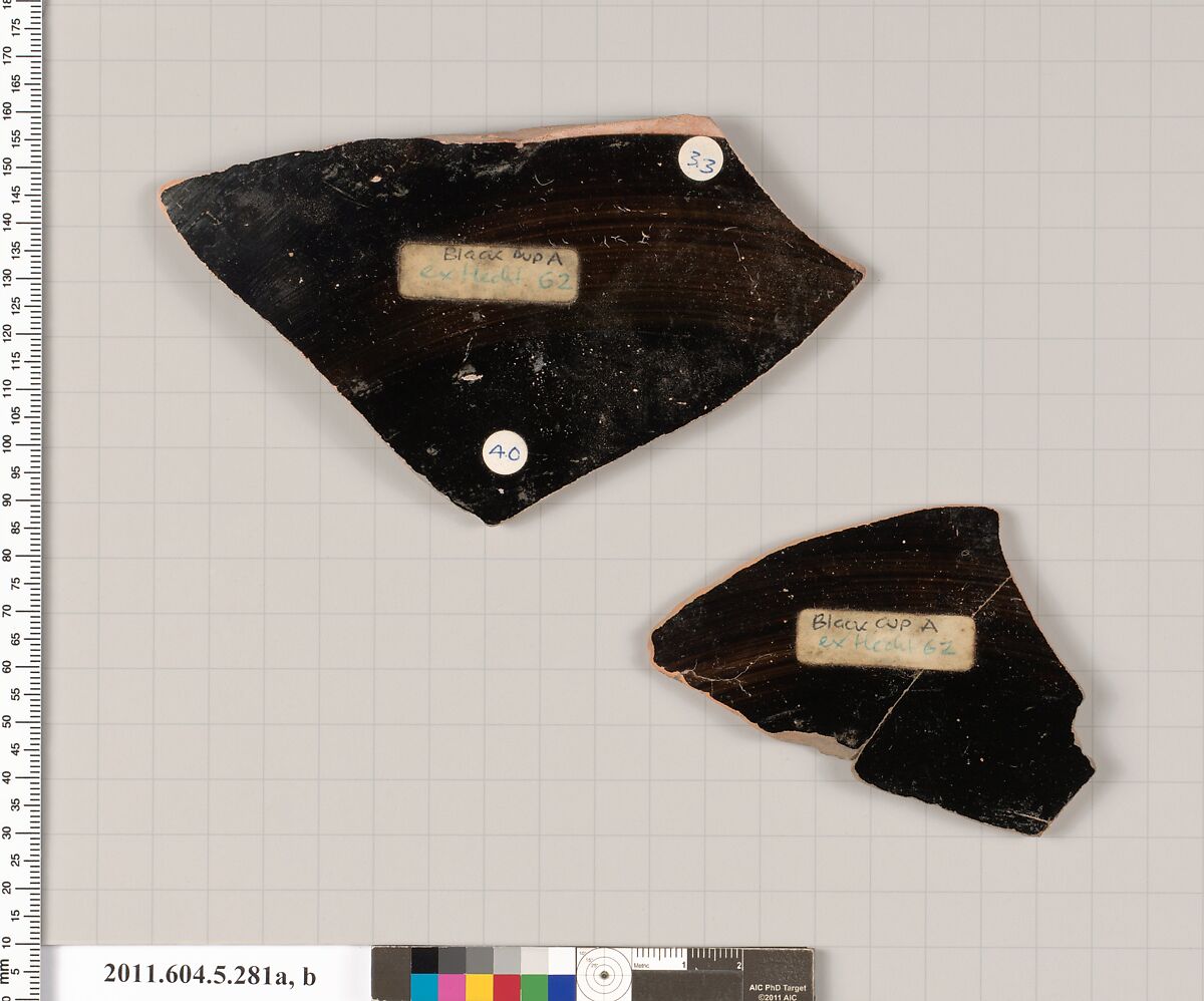 Terracotta fragments of a kylix (drinking cup), Terracotta, Greek, Attic