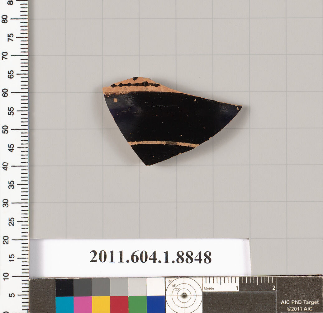 Terracotta fragment of a stemless kylix (drinking cup)?, Terracotta, Greek, Attic 