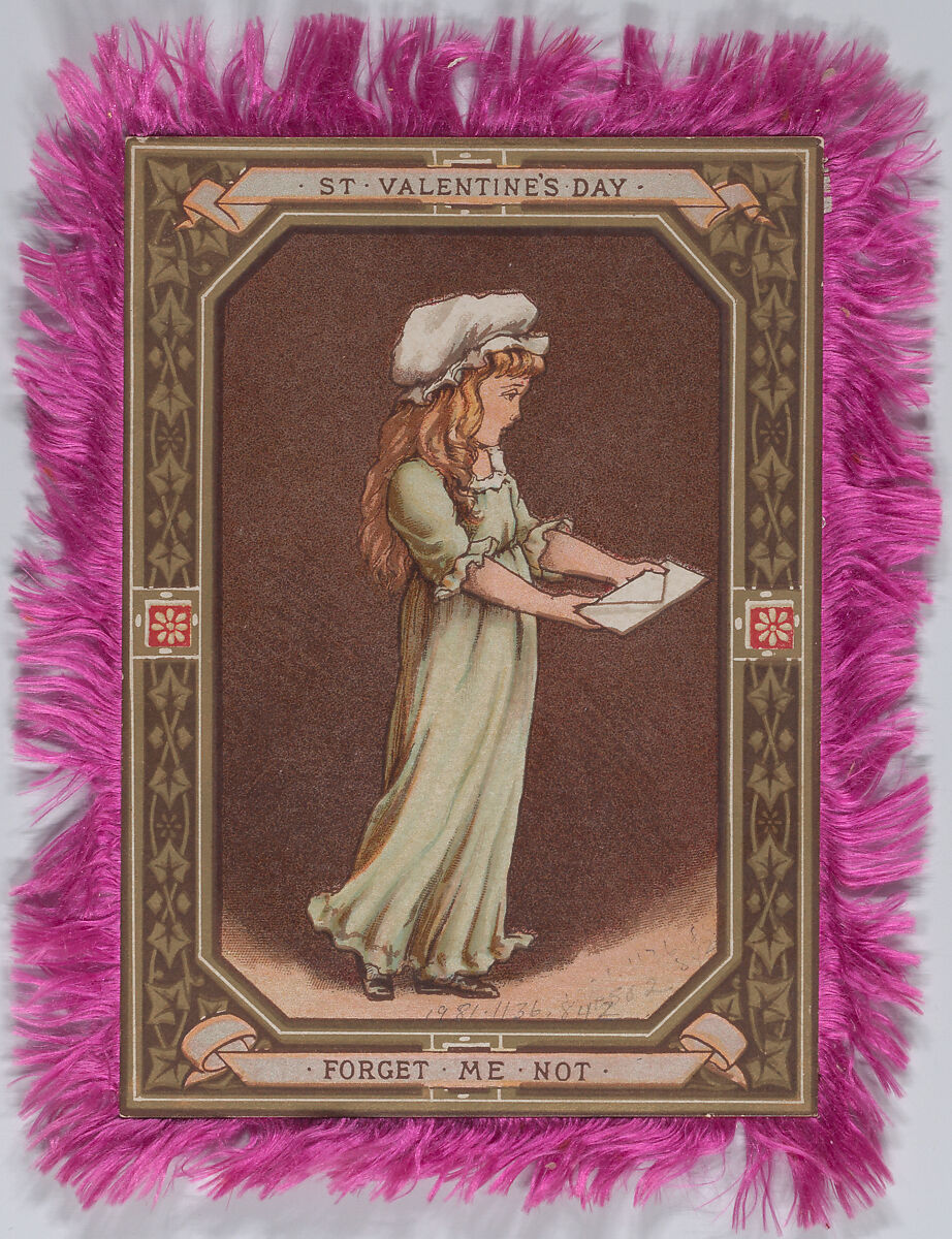 Valentine, Kate Greenaway (British, London 1846–1901 London), White card, chromolithography, gold lithography, magenta silk fringe 