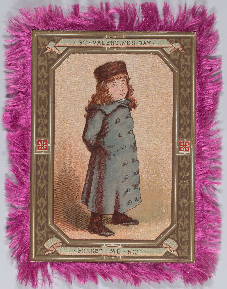 Valentine, Kate Greenaway (British, London 1846–1901 London), White card, chromolithography, gold lithography, magenta silk fringe
