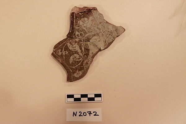 Ceramic Fragment, Stonepaste; luster-painted on an opaque white glaze and incised on the luster 