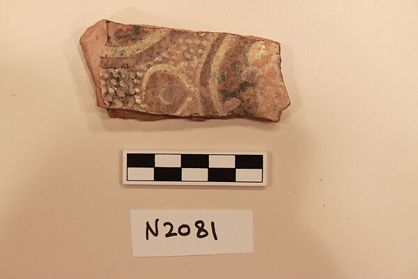 Ceramic Fragment, Earthenware; dark brown slipped, slip-painted in white under a colorless glaze 