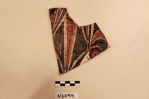 Ceramic Fragment, Earthenware; White slipped, slip-painted under a colorless glaze and incised 