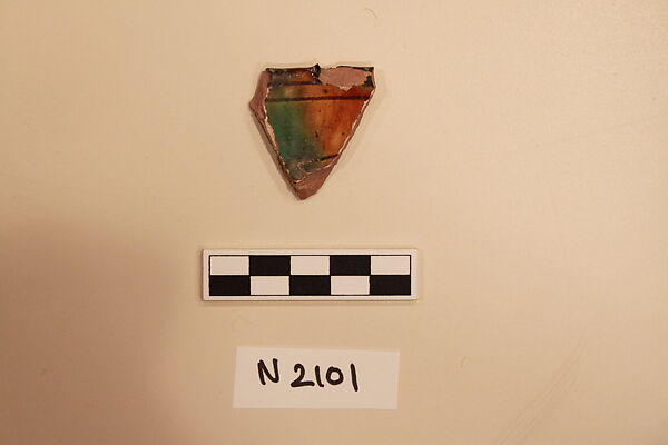 Ceramic Fragment, Earthenware; white slip, incised and splashed with polychrome glazes under colorless glaze