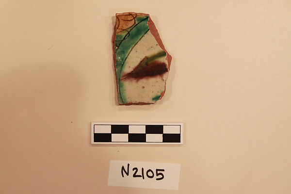 Ceramic Fragment, Earthenware;  incised and splashed with polychrome glazes 