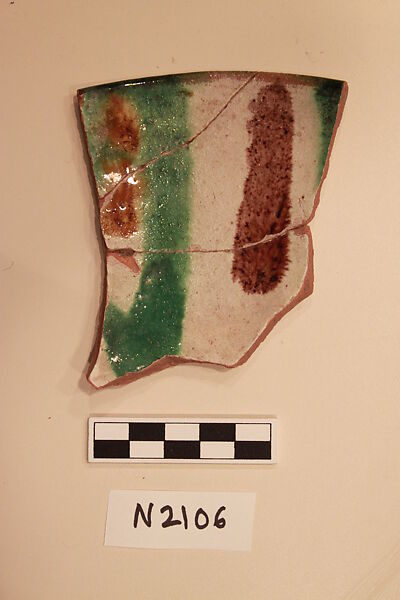 Ceramic Fragment, Earthenware; white slipped, splashed with polychrome glaze 