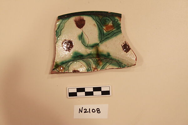 Ceramic Fragment, Earthenware; white slipped, incised and splashed with polychrome glaze 