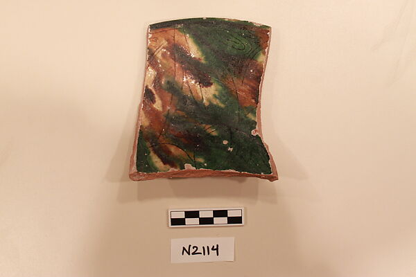 Ceramic Fragment, Earthenware;white slipped, incised and splashed with polychrome glaze 