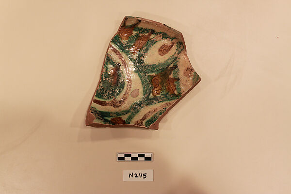 Ceramic Fragment, Earthenware; white slipped, incised and splashed with polychrome glaze 