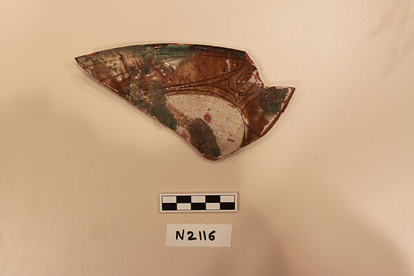 Ceramic Fragment, Earthenware; white slipped, incised and splashed with polychrome glaze 