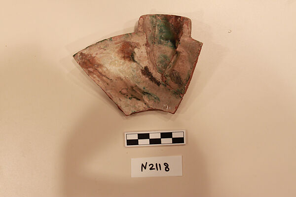 Ceramic Fragment, Earthenware;  slip-covered; slight incised and splashed with polychrome glazes 