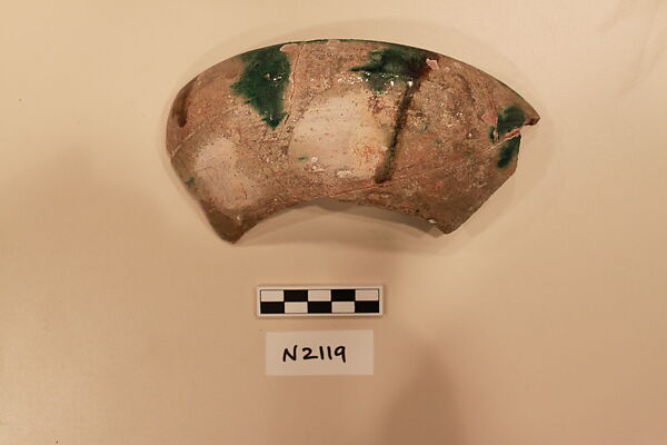 Ceramic Fragment, Earthenware; white slipped, incised and splashed with polychrome glaze