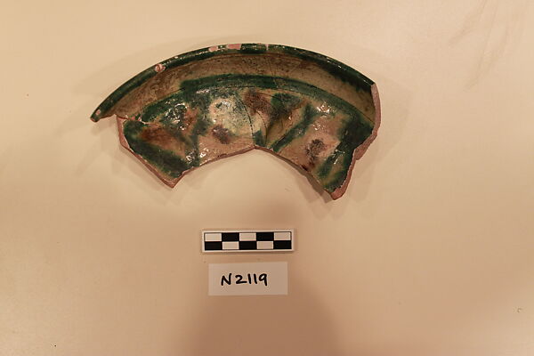 Ceramic Fragment, Earthenware; white slipped, incised and splashed with polychrome glaze 