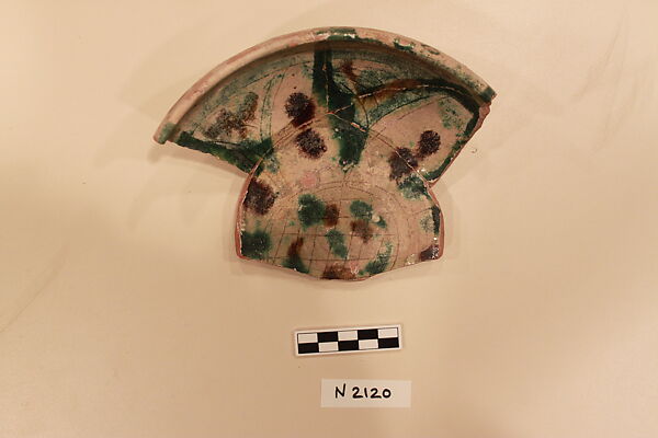 Ceramic Fragment, Earthenware; white slipped, incised and splashed with polychrome glaze 