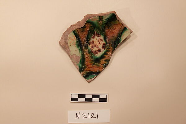 Ceramic Fragment, Earthenware; white slipped, incised and splashed with polychrome glaze 