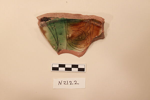 Ceramic Fragment, Earthenware; white slipped, incised and splashed with polychrome glaze 