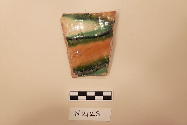 Ceramic Fragment, Earthenware; white slipped, incised and splashed with polychrome glaze
