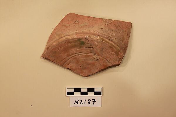 Ceramic Fragment, Earthenware; white slipped, incised and splashed with polychrome glaze